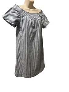 J Crew Factory Linen Blend Off Shoulder Striped Shift Dress 4 Womens Lined Blue - Picture 1 of 9