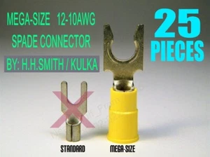 FORK TONGUE CRIMP CONNECTOR, 12-10 AWG, YELLOW, MEGA-SIZE FOR LARGE SCREW / POST - Picture 1 of 9