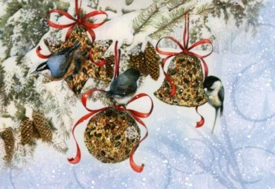 Merry Christmas Birds Blue Chickadee Sherri Buck Baldwin Leanin' Tree Card - Image 1 of 4