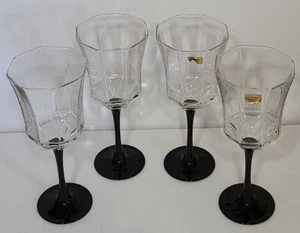 VINTAGE Luminarc Wine Glass 10 oz. BLACK STEM OCTAGON 4-Piece Set FRANCE - Picture 1 of 4
