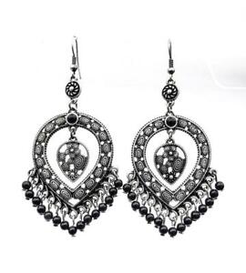 UNIQUE Artisanal Antique Silver Filigree Teardrop Black Beads Dangle Earrings