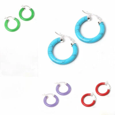 Lady's Jade Turquoise Agate 925 Sterling Silver 30mm Ring Hoop Pierced Earrings - Image 1 of 4
