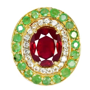 925 STERLING SILVER RING GENUINE BLOOD RED RUBY, GREEN EMERALD & CZ SIZE 7.5 - Picture 1 of 8