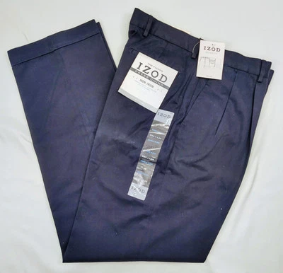 NUEVO CON ETIQUETAS IZOD Doble Pliegue Vestido Chino Pantalones Para Hombres 34x34 AZUL MARINO Sin Arrugas Ajuste Metrix Foto 1 de 4