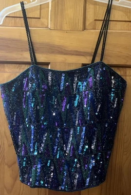 Blusa feminina vintage Scala com lantejoulas de seda com miçangas espaguete maximalista M com zíper nas costas - Imagem 1 de 4