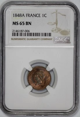 1848-A France 1c Centime NGC MS 65 BN - Image 1 of 4