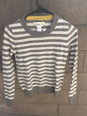 C&C CALIFORNIA  2-Ply Cashmere Sweater Gray Cream Stripe women's Size SMALL Crew - Image 1 of 4
