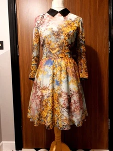 TED BAKER £150 floral birds fit flare dress sz 14 party yellow wedding guest - Picture 1 of 16
