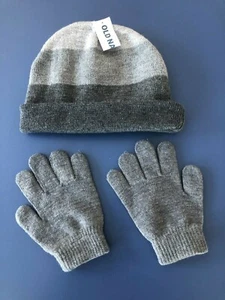 NEW Boy Girl Kids One Size OLD NAVY Beanie Hat Gray Striped and Knit Gloves - Picture 1 of 1