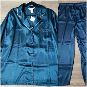 Satin Silky Teal Blue 2 Piece Pajama Set Top Pants Size XL NWT $70 - Picture 1 of 12