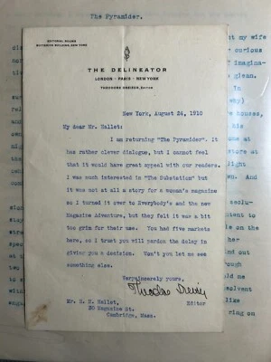 R. M. Hallet Typescript (1910) with Rejection Letter Signed by Theodore Dreiser - Image 1 of 4