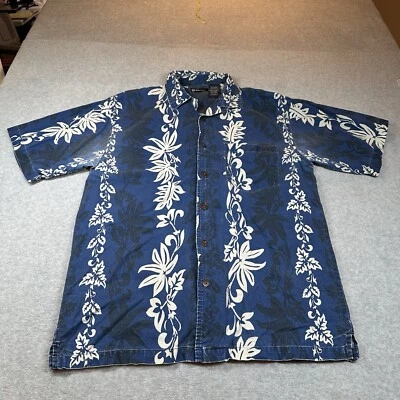 The Source 夏威夷衬衫男式 M 牛仔蓝色白色黑色花朵短 Slv *注意 — 第 1/4 张图片