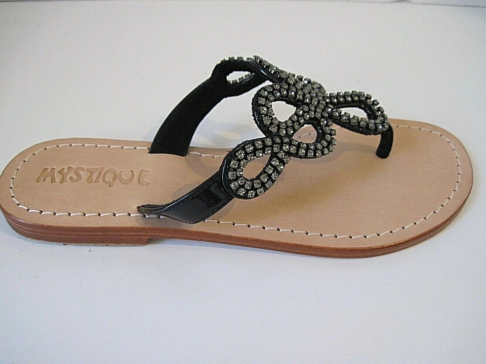 SANDALIA CUÑA TANGA CHAROL NEGRO CRISTALES TRANSPARENTES MYSTIQUE TALLA 7 Foto 1 de 4