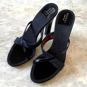 GUCCI Sherry Line Denim Tacón Sandalias Mules Bombas Zapatos Mujer EU 37 Azul Marino - Imagen 1 de 4