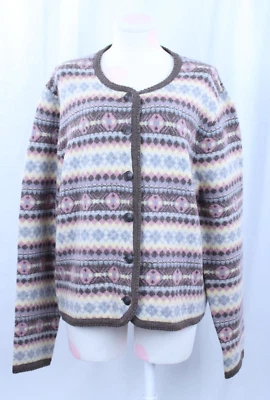 Cárdigan Suéter De Colección Tally Ho 100% Lana Nórdico Fair Isle Rosa Amarillo Marrón XL Foto 1 de 4
