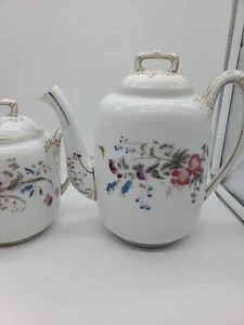 Haviland Limoges Pink Floral 6 Cups Coffee Pot Sugar Dish CHIPPED 1882-90 B114 - Picture 1 of 12