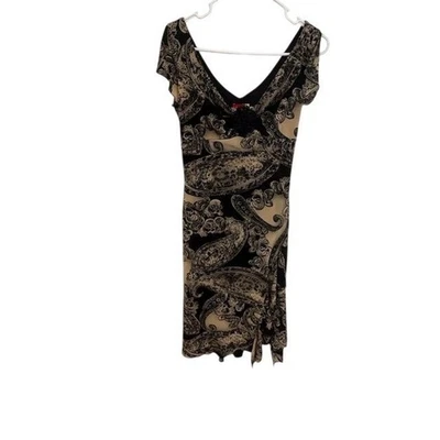 Ruby Rox Womens Black Beige Paisley Dress M V Neck Ruffles Side Slit Made USA - Image 1 of 4