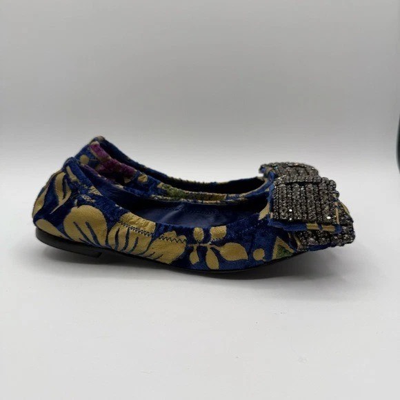 TORY BURCH VIOLA 平底鞋 5 米蓝色黄色花卉水晶蝴蝶结钱包 — 第 1/4 张图片