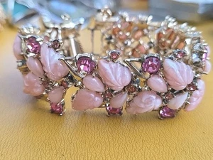 Vintage Rousseau Rosa Harz Blatt Strass Armband - Bild 1 von 6