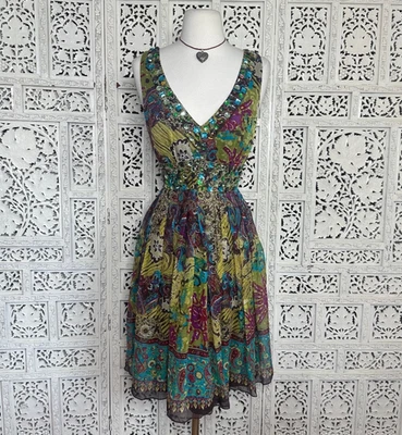 Vintage Y2K Silk Colorful Artsy V Neck Dress With Gem Neckline Sz Medium - Image 1 of 4