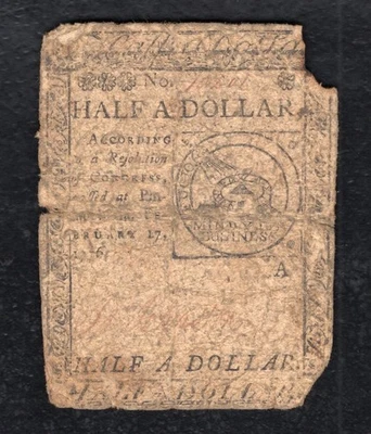 FEBRUARY 17, 1776 $1/2 ONE HALF DOLLAR “FUGIO” CONTINENTAL CURRENCY NOTE (C) - Image 1 of 2