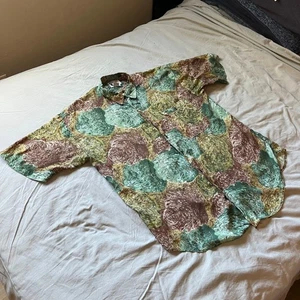 GOOUCH Camicia Uomo Grande 100% Seta Bottoni Astratto Verde Marrone Motivo - Foto 1 di 11