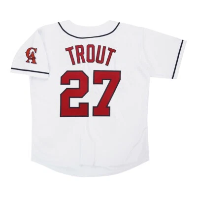 Camiseta masculina Mike Trout California Angels Home branca Throwback com patch de equipe - Imagem 1 de 4