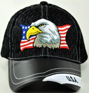 NEW! W/LEATHER MESH EAGLE USA FLAG MILITARY CAP HAT BLACK - Picture 1 of 3