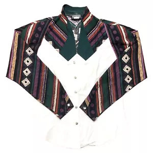 Camicia vintage Rough Rider Circle T Western con bottoni donna S USA Rodeo verde azteco - Foto 1 di 19
