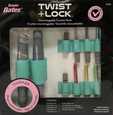 New SUSAN BATES Twist + Lock CROCHET HOOK Interchangeable SET w/ Case 11pc 12706