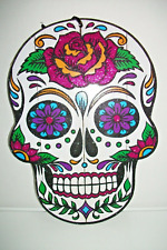13" SUGAR SKULL WOODEN PLAQUE HALLOWEEN, DAY OF THE DEAD, PURPLE EYES, NWT 