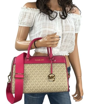 MICHAEL KORS JET SET TRAVEL MEDIUM SHOULDER DUFFLE BAG MK CARMINE PINK MULTI - Image 1 of 4