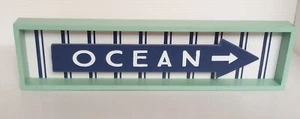 OCEAN Directional Sign Modern Coastal Beach ARROW Blue Mint Vertical Stripes NEW - Picture 1 of 2