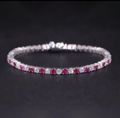 Ruby and Moissanite Round Tennis Bracelet Platinum Over Sterling Silver 7 Inch - Image 1 of 4