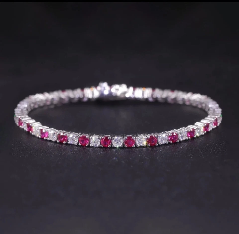 Ruby and Moissanite Round Tennis Bracelet Platinum Over Sterling Silver 7 Inch - Image 1 of 4