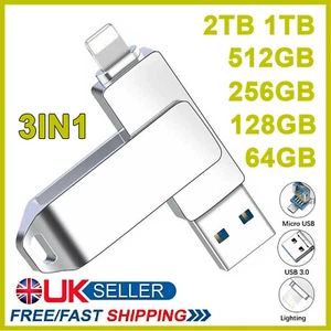 3 in 1 USB 3.0 Memory Stick 1TB External Storage Flash Hard Drive For iPhone PC - Picture 1 of 19