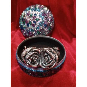 Unusual Roses Rhinestones Cuff Bracelet, Silver Tone Cuff, Metal 3D Carved Roses - Picture 1 of 8