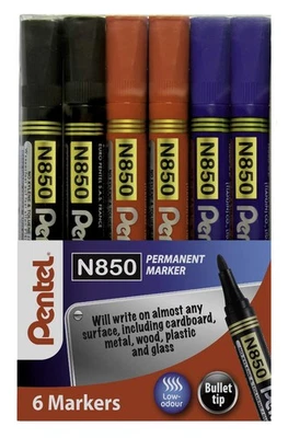 Pentel N850 Permanent Marker Bullet Tip Pack of 6 Assorted YN850/6-M - Image 1 of 4