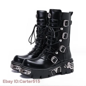 Hombres Mujeres Botas Rock Unisex Metálicas Negras Imitación Cuero Plataforma Botas Góticas - Imagen 1 de 11