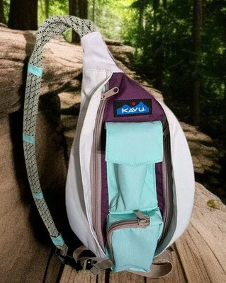 Kavu Rope Sling Bag Canvas Outdoor Crossbody Purse Backpack Travel Purple Green - Image 1 of 4