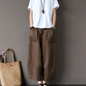 AENEONTRUE Leinen Harem Lagenlook Hose weites Bein Pull Off - Größe M - Bild 1 von 9
