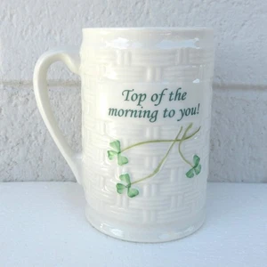 BELLEEK Coffee Mug Ireland Top of the Morning to You Shamrocks White Basketweave - Picture 1 of 11