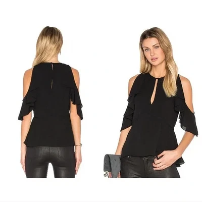 Theory Desiraya B Ruffle Cold Shoulder Blouse Top 3/4 Sleeves Black Keyhole L - Image 1 of 4