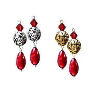 Earrings red crystal and filigree double drop, choose clip on or pierced - Picture 1 of 4