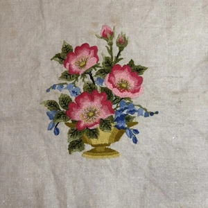 Vintage Crewel Embroidery Pink Blue Flowers in a Vase Stitchery Cottage Core - Picture 1 of 3