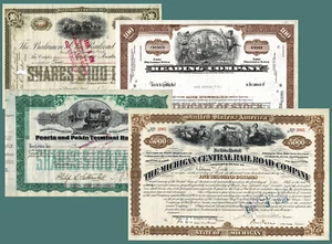 4 American Railroad Shares Michigan Central RR, Peoria and Pekin, Baltimore.... - Picture 1 of 5