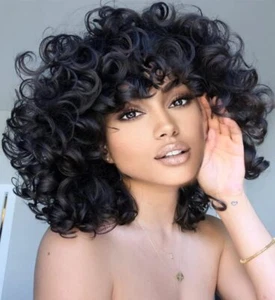 Short Curly Wigs for Black Women 14'' Black Big Curly Wig with Bangs Afro Kinky - Picture 1 of 12