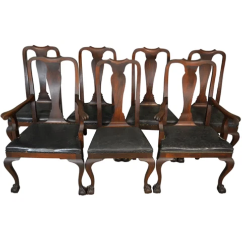Antique Set of 7 Mahogany Ball and Claw Dining Chairs - Twin Arms #21449 Cover
