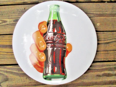 Coca-Cola Disc Metal Button Sign White Soda Bottle in Hand Coke Retro 16" - Image 1 of 4