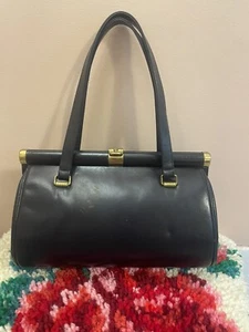 Vintage 1950s COBLENTZ Original Satchel Barrel Bag Black Leather Brass Accents - Picture 1 of 19